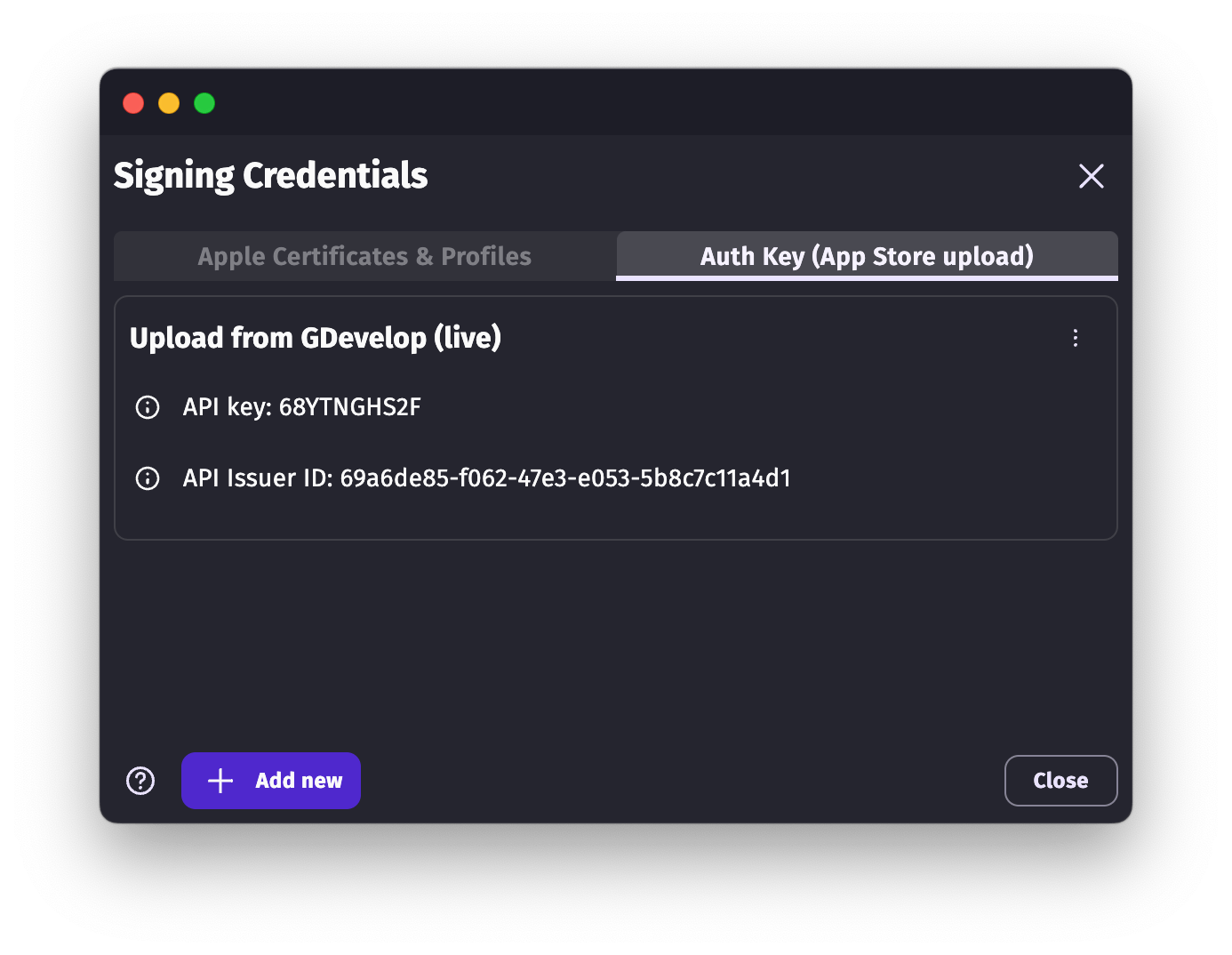 Authentication keys listing